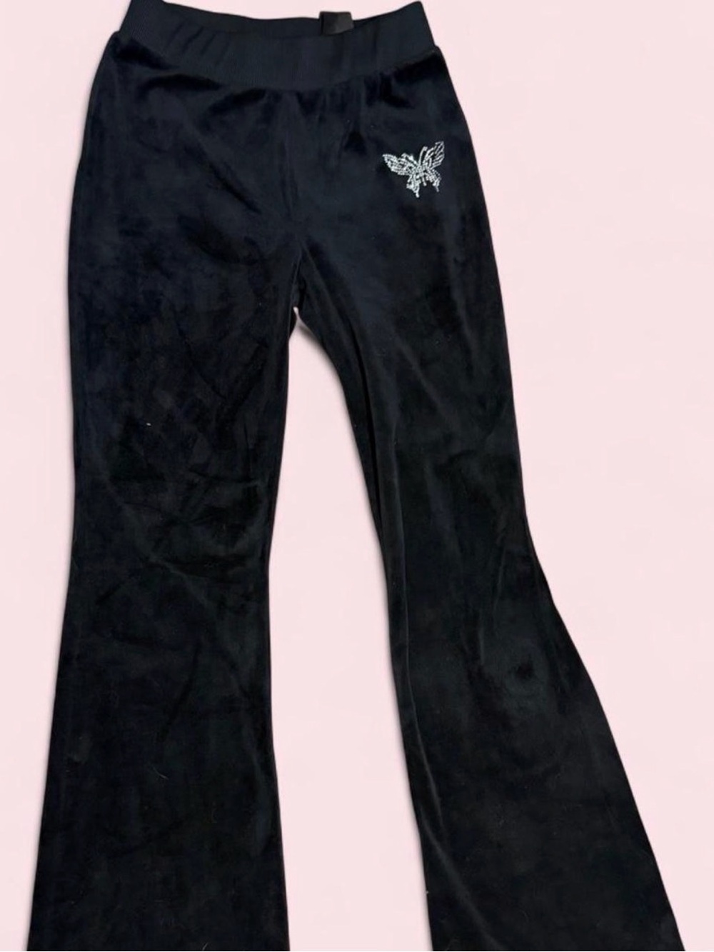 H&M Black Velour Flared Joggers with Butterfly Accent